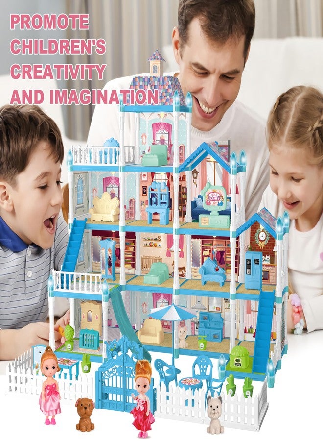 Seifar Doll House Playset for Kids Girls, 4 Storey, 13 Rooms, 2 Dolls & 2 Puppies, Furniture & Accessories for 5,6,7,8 Year Old Girls (Blue) - Image 5